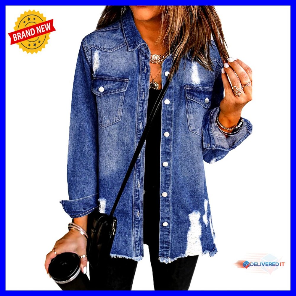 Oversized Denim Jacket Frayed Washed Boyfriend Fit Casual Fashion Long Sleeve